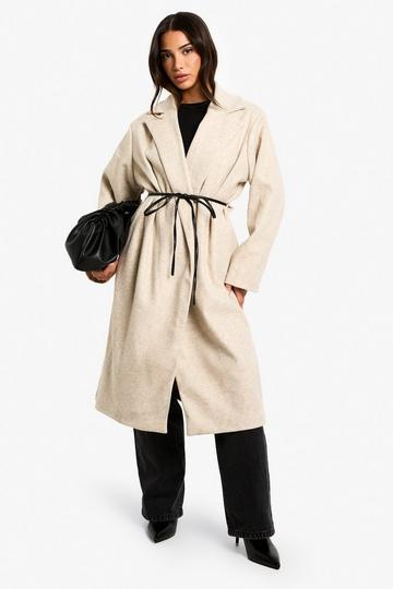 Petite Faux Leather Belt Wool Look Coat mushroom