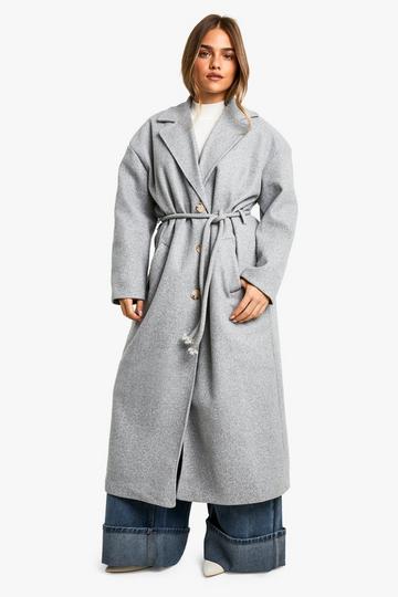 Petite Belt Detail Wool Look Maxi Coat grey marl