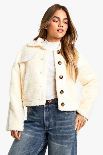 Petite Teddy Detail Wool Look Jacket ivory