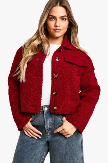 Petite Teddy Detail Wool Look Jacket wine