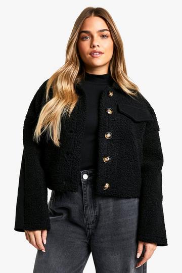 Black Petite Teddy Detail Wool Look Jacket