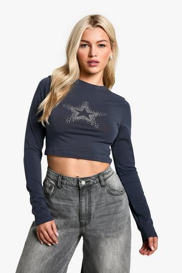 Long Sleeve Hotfix Star Burst T shirt charcoal