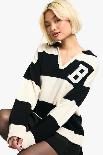 Cream White Bold Stripe Varsity Polo Collar Jumper