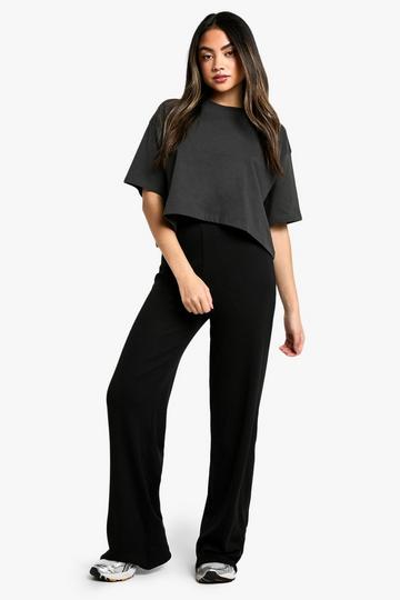 Geribbelde Wide Leg Broek Met Dubbele Lagen black