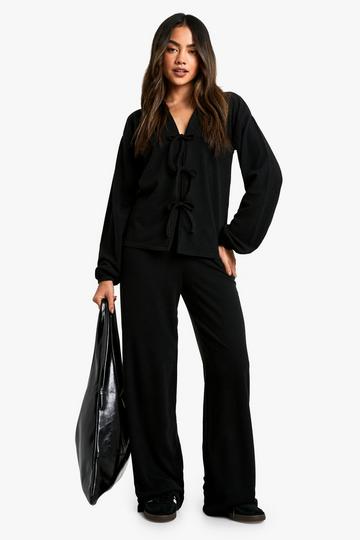 Rib Tie Front Blouse And Pants Co-Ord black