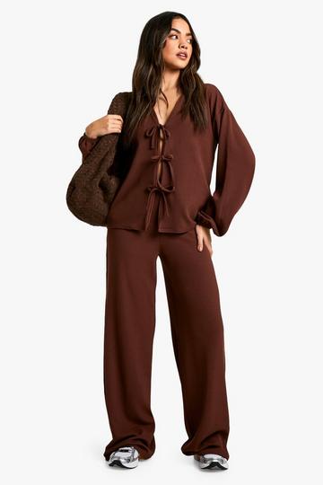 Rib Tie Front Blouse and Trouser Co-ord chocolate