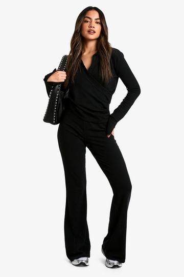 Rib Wrap Top and Flare Trouser Co-ord black