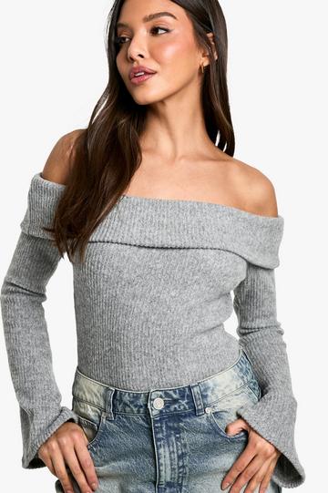 Brushed rib off shoulder bodysuit grey marl