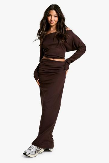 Rib Gathered Top and Skirt Co-ord chocolate