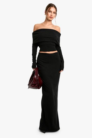 Rib Off Shoulder Top and Skirt Set black