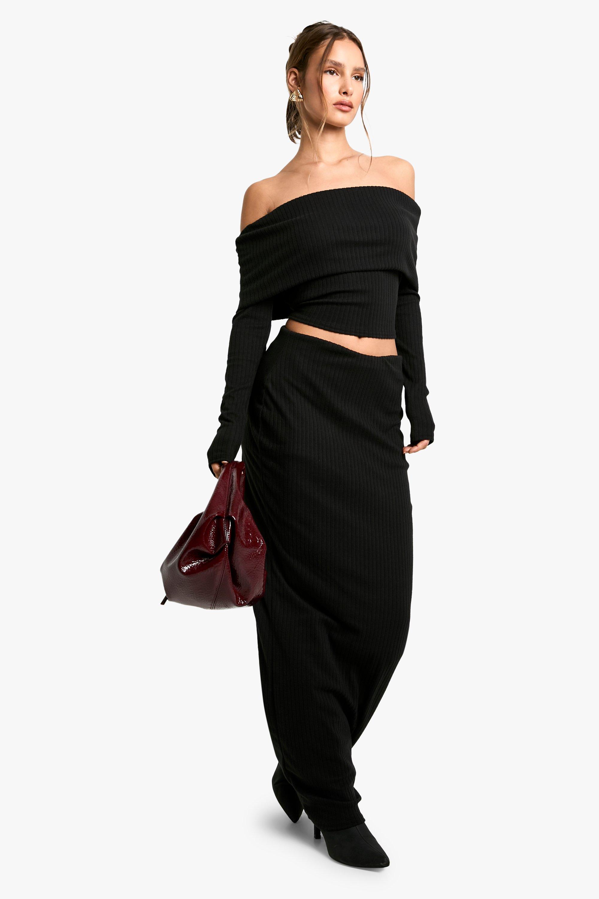 Rib off shoulder top and skirt set boohoo
