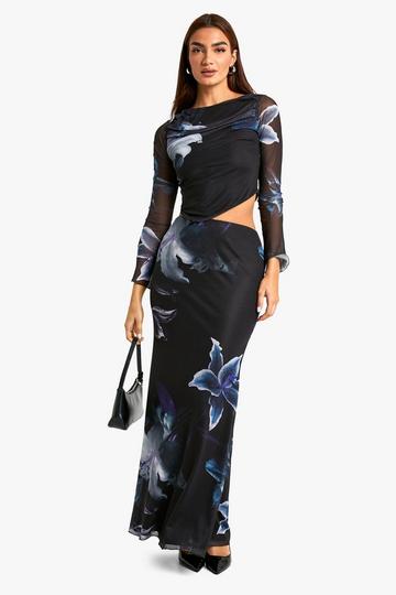 Mesh long sleeve top and column maxi skirt multi