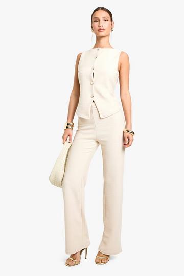 Cream White Textured Wide Leg Pants