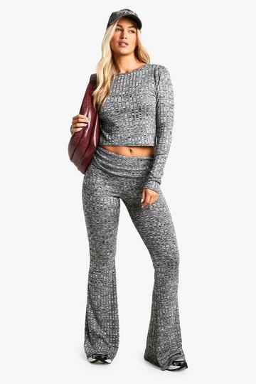 Marl Rib Long sleeve crop top and flare trouser set grey