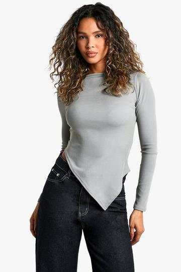 Rib Asym hem long sleeve top charcoal