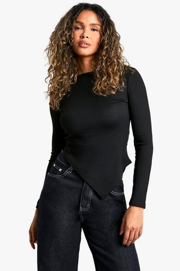 Black Rib Asym hem long sleeve top