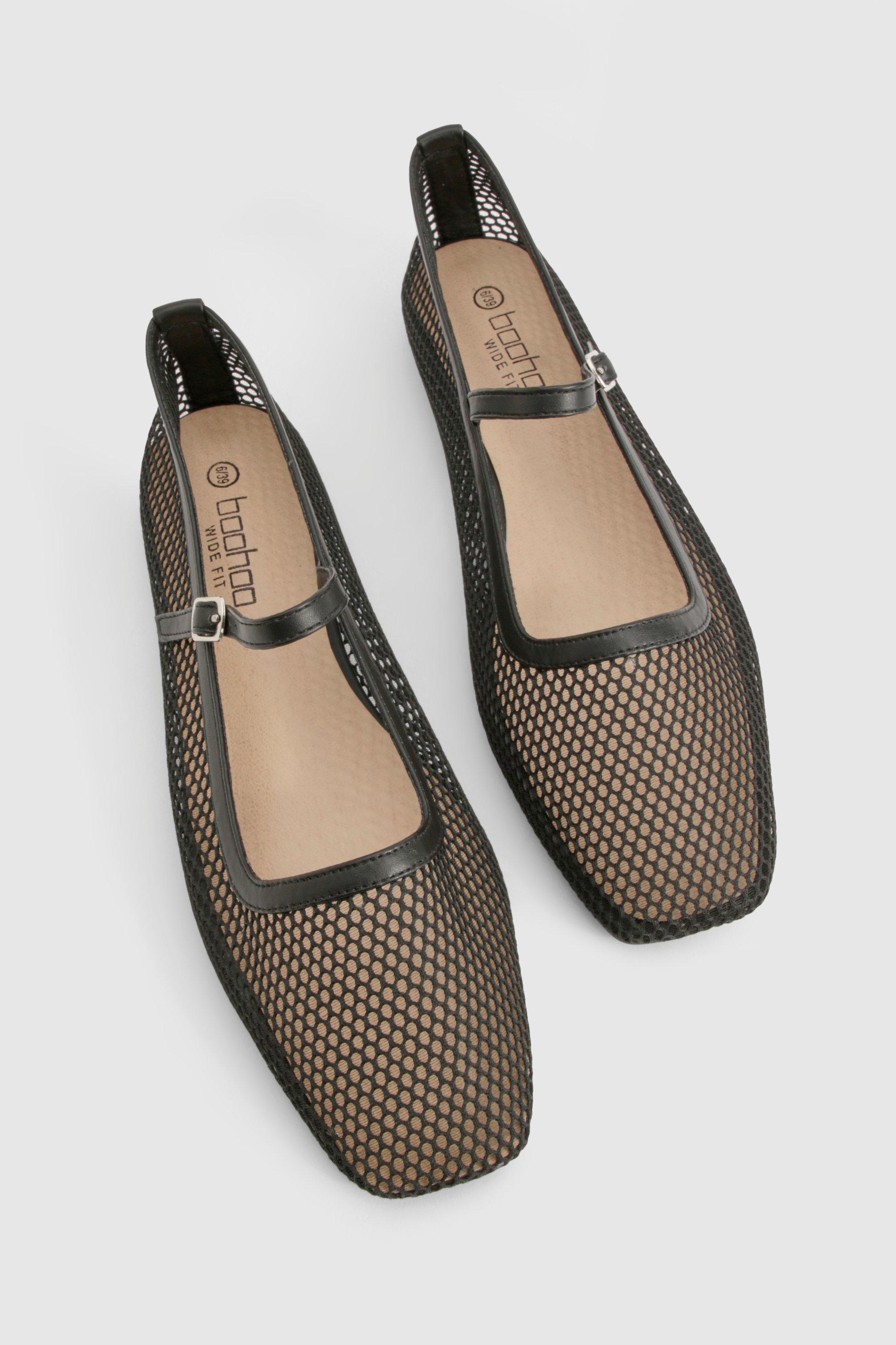 Wide Fit Mesh Strap Detail Ballet Flats | boohoo