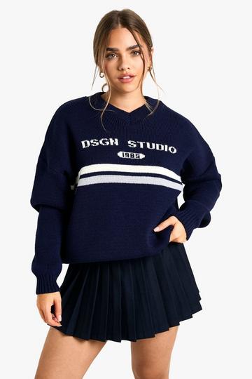 Petite DSGN Studio V Neck Knitted Jumper navy