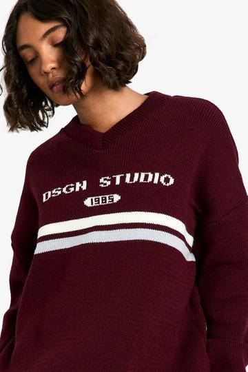 Burgundy Red Tall DSGN Studio V Neck Knitted Jumper