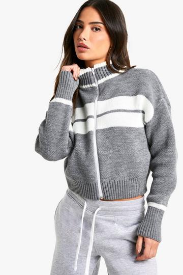 Petite Stripe Detail Oversized Zip Through Bomber Cardigan grey