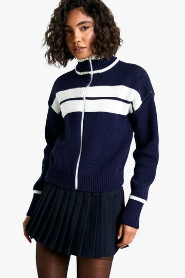 Tall Stripe Detail Oversized Zip Through Bomber Cardigan navy