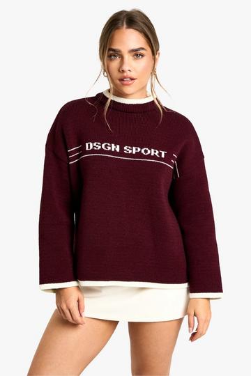 Petite DSGN Sport Contrast Trim Oversized Knitted Jumper burgundy