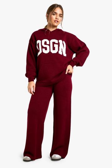 Burgundy Red Petite DSGN Knitted Contrast Hoodie and Wide Leg Trouser Co Ord