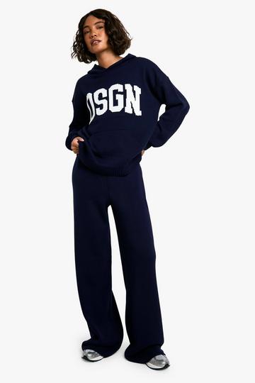 Tall Gebreide Contrasterende DSGN Hoodie En Wide Leg Broek Set navy