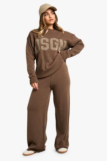 Petite DSGN Knitted Contrast Jumper and Wide Leg Trouser Co Ord taupe