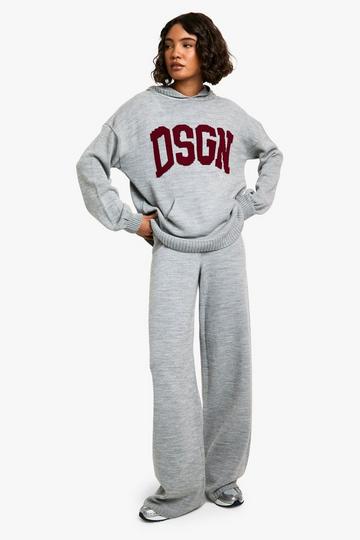 Tall Dsgn Knitted Contrast Hoodie And Wide Leg Pants Co Ord grey