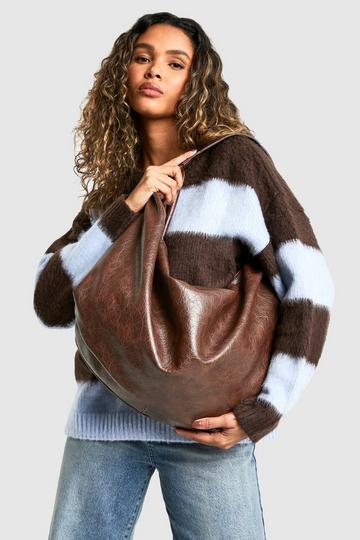 Chocolate Brown Distressed Faux Leather Slouchy Tote Bag