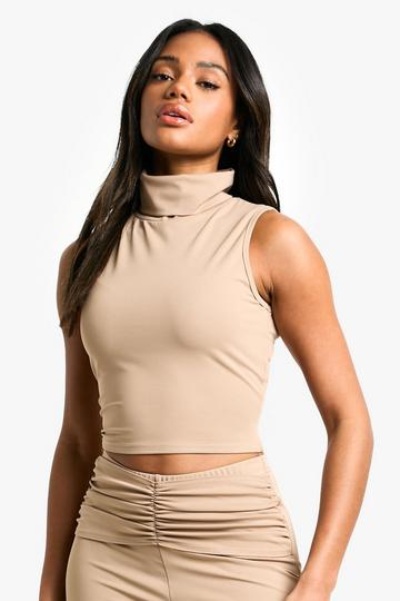 Sculpting Matte Slinky High Neck Sleeveless Top camel