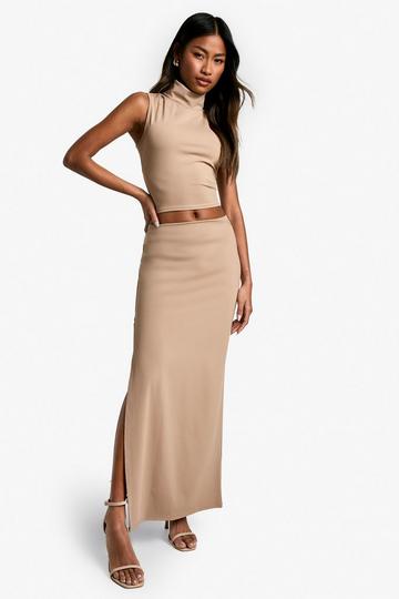 Sculpting Matte Slinky Side Split Skirt camel