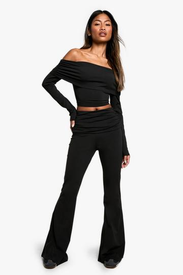 Sculpting Matte Slinky Fold Over Waist Flare Trouser black