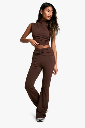 Sculpting Matte Slinky Ruched Detail Flare Trouser chocolate