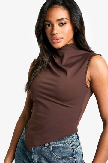 Sculpting Matte Slinky High Neck Asym Hem Top chocolate