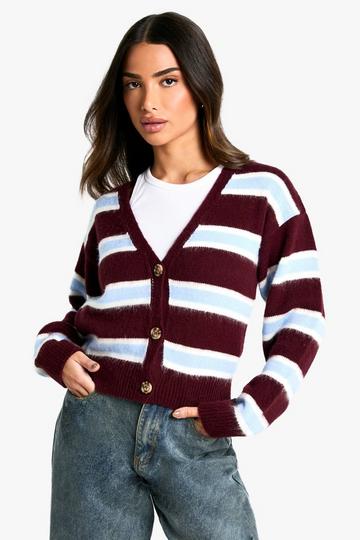 Burgundy Red Petite Stripe Knitted Cardigan