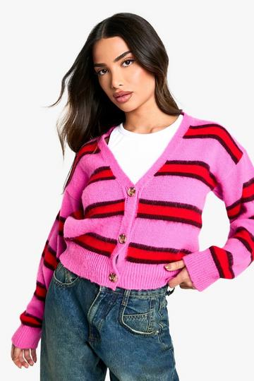 Petite Gestreepte Gebreide Cardigan pink