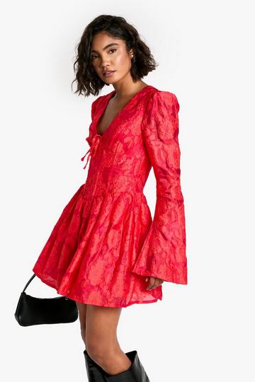 Tall Jacquard Bloemen Skater Jurk Met Korset Detail red