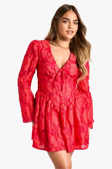 Petite Jacquard Bloemen Skater Jurk Met Korset Detail red