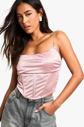 Stretch Satin Corset Detail Top with Diamante Straps blush