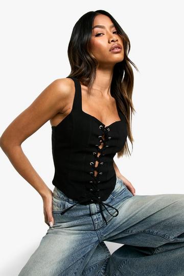 Black BENGALINE LACE UP CORSET TOP