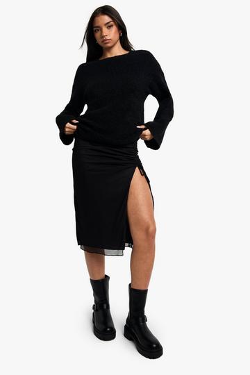 Geplooide Mesh Midi Rok Met Strik En Split black