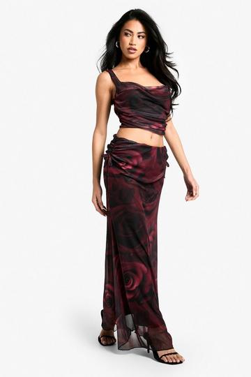 Rose print mesh ruched side maxi skirt black