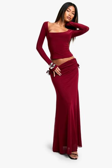 Mesh ruched side maxi skirt berry