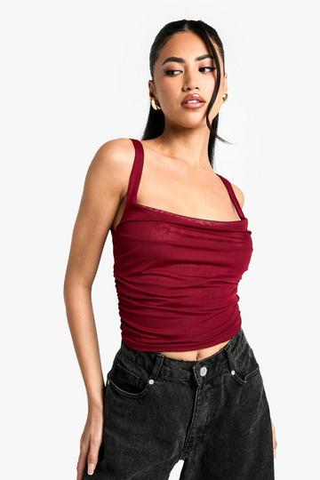 Mesh ruched front top berry