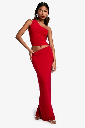 Slinky one shoulder top and maxi skirt set red