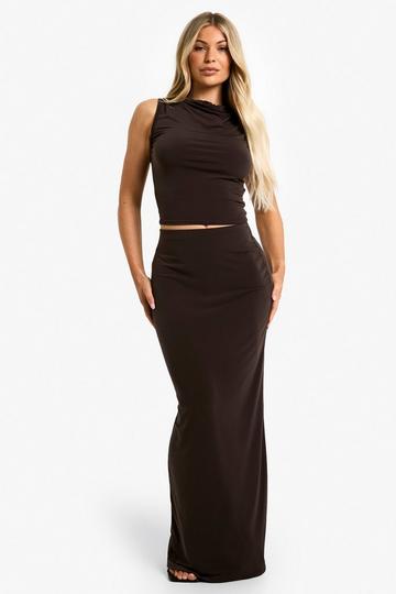 Cowl neck slinky halter top and maxi skirt set brown