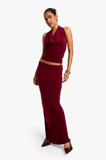 Slinky cowl neck plunge top and skirt set burgundy