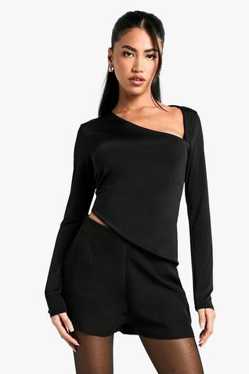 Slinky Asym Neck and Hem Long Sleeve Top black